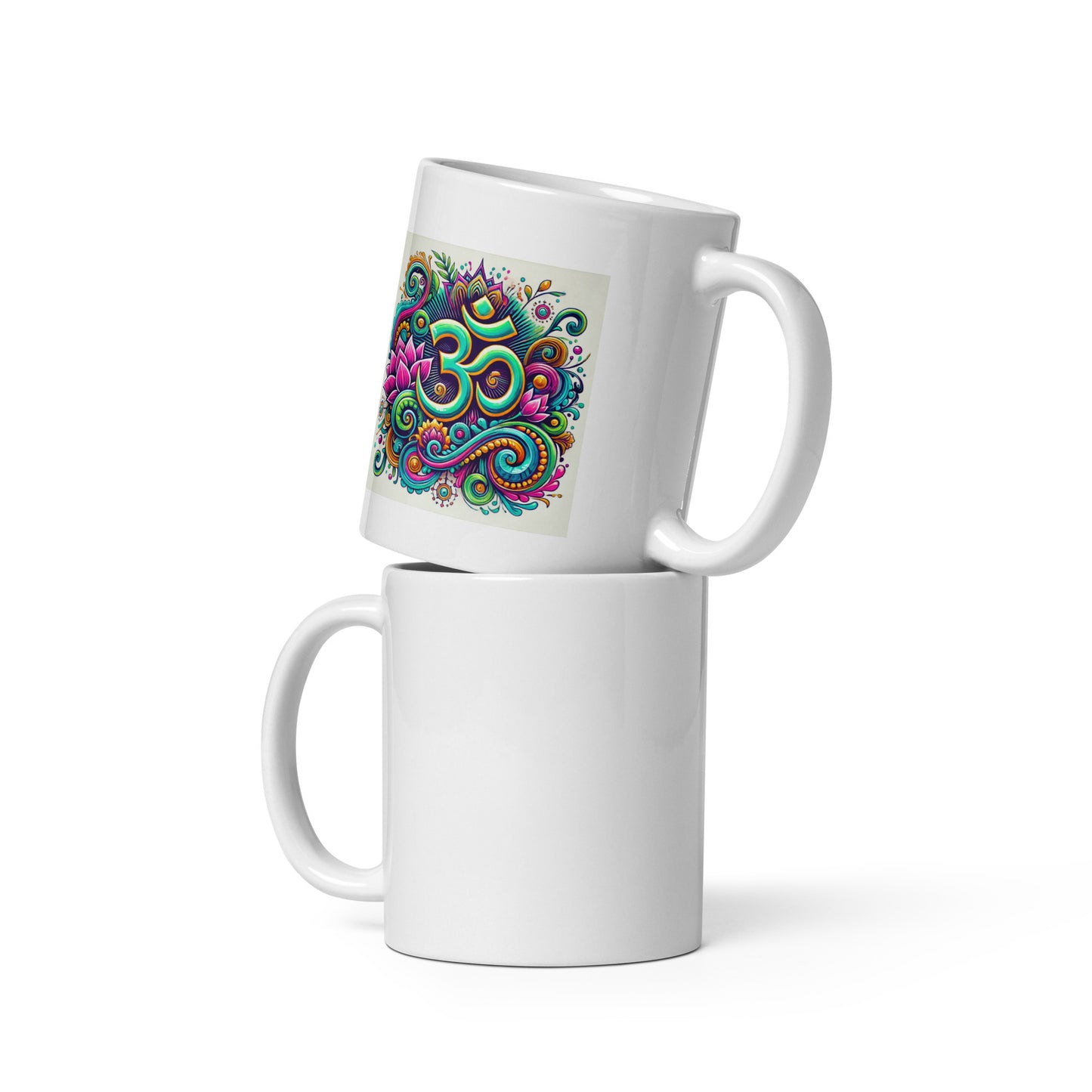 White mug with colorful OM symbol