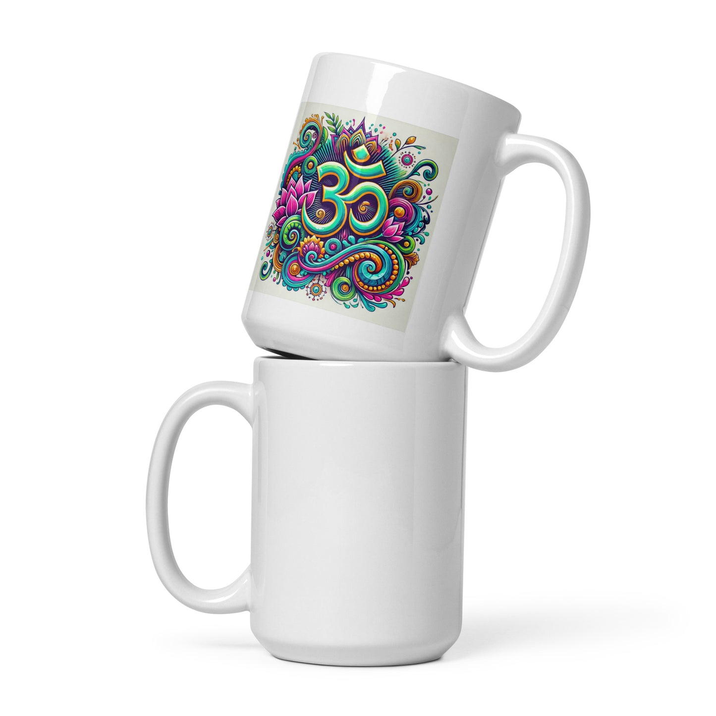 White mug with colorful OM symbol