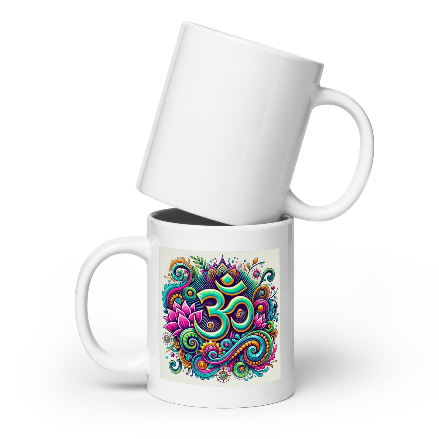 White mug with colorful OM symbol